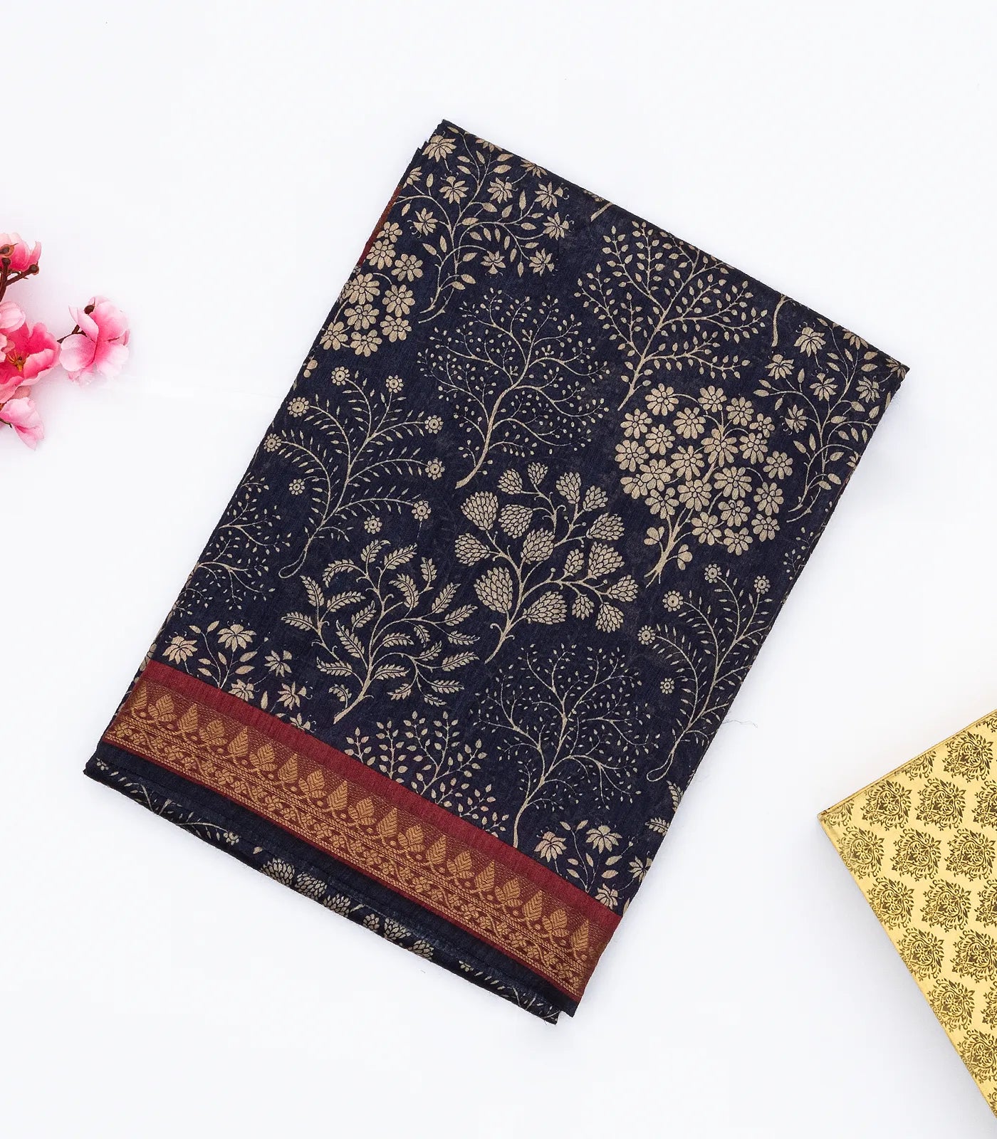 Navy Blue Handloom Tussar Silk Saree With Printed Tree Motifs
