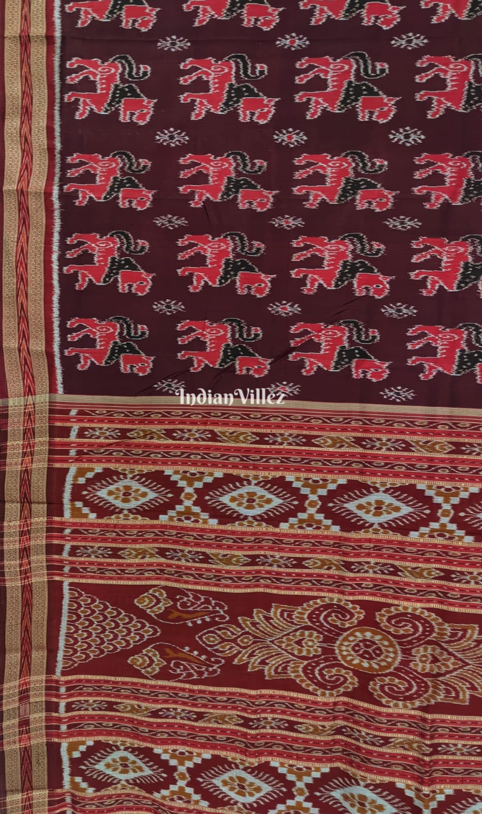 Deep Maroon Animal Theme Odisha Ikat Khandua Silk Saree