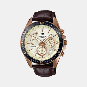 Edifice Men Quartz Rose Gold Dial Chronograph Leather Watch EX359