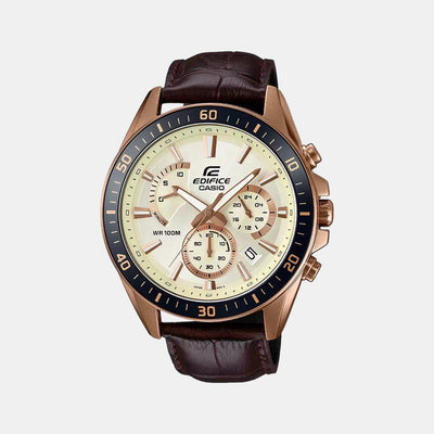 Edifice Men Quartz Rose Gold Dial Chronograph Leather Watch EX359