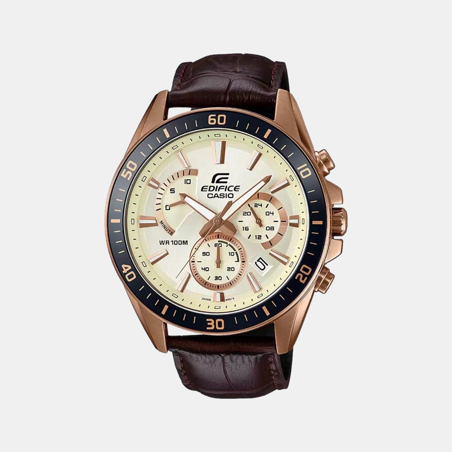 Edifice Men Quartz Rose Gold Dial Chronograph Leather Watch EX359