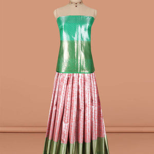 Pink  floral vine design art-silk half saree, contrast traditional zari border,zari design blouse & floral design dhavani