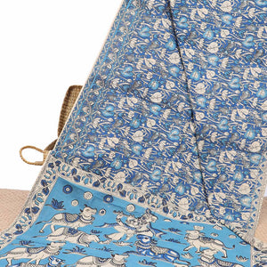 Blue unique floral machine-printed kalamkari cotton saree, contrast floral border & floral & diamond pallu