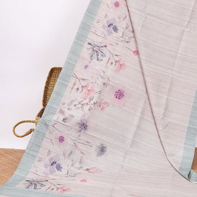 Light pink all over floral digital printed semi-banaras tussar saree with contrast plain border