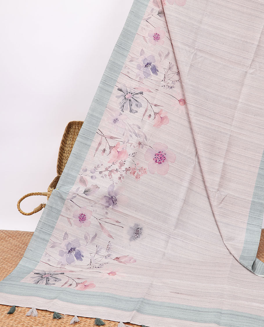 Light pink all over floral digital printed semi-banaras tussar saree with contrast plain border