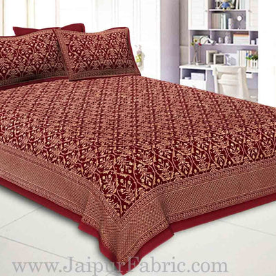 Double Bed Sheet  With Shining Gold Print Maroon Base Gold Retro Pattern Super Fine Cotton  Double Bed Sheet