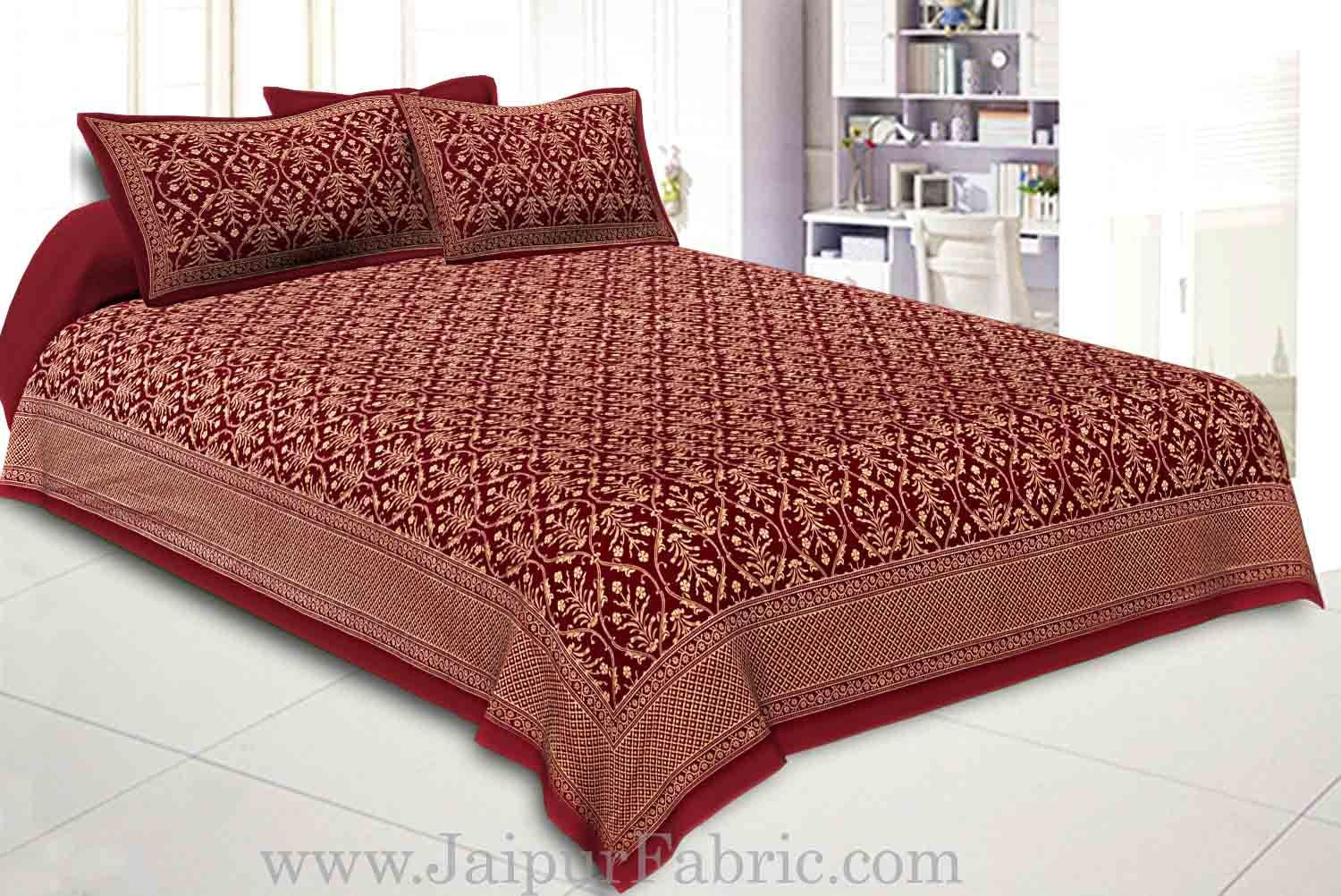 Double Bed Sheet  With Shining Gold Print Maroon Base Gold Retro Pattern Super Fine Cotton  Double Bed Sheet