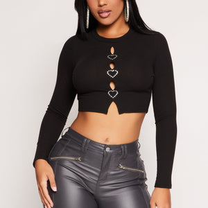 Rhinestone Heart Cut Out Crop Top