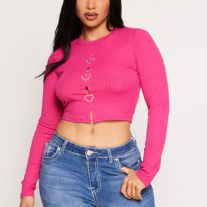 Rhinestone Heart Cut Out Crop Top
