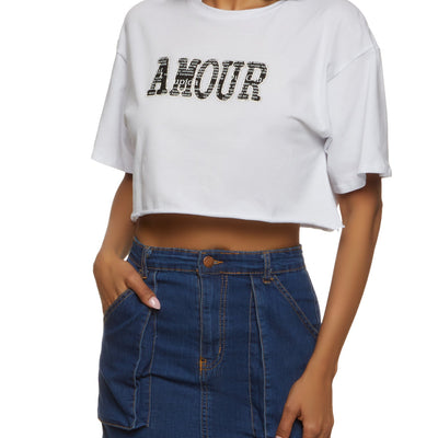 Amour Rhinestone Cropped Graphic Patch Tee