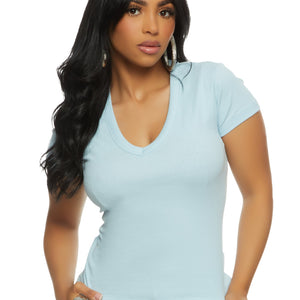 Basic Ribbed V Neck Short Sleeve Tee