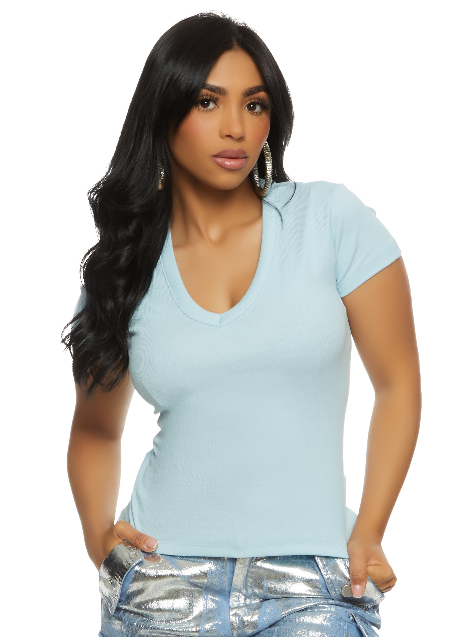 Basic Ribbed V Neck Short Sleeve Tee