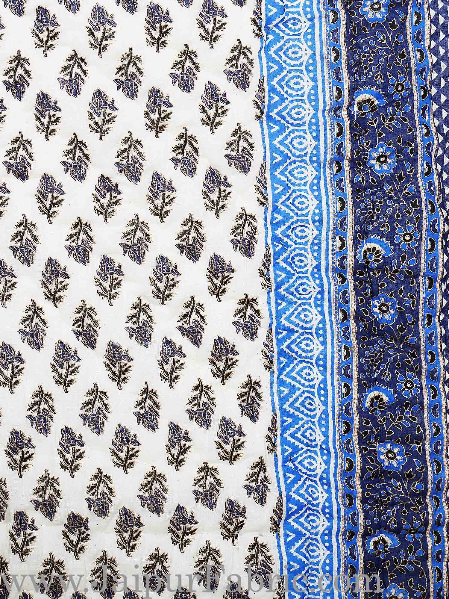 Blue Border Cream Base Golden Floral Print Super Fine Cotton Voile(Mulmul) Both Side Single  Bed Quilt