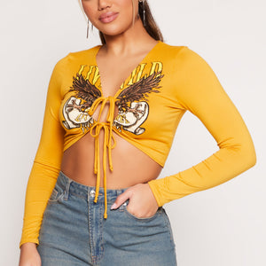 Graphic Double Tie Front Crop Top