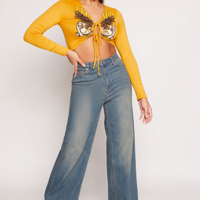 Graphic Double Tie Front Crop Top