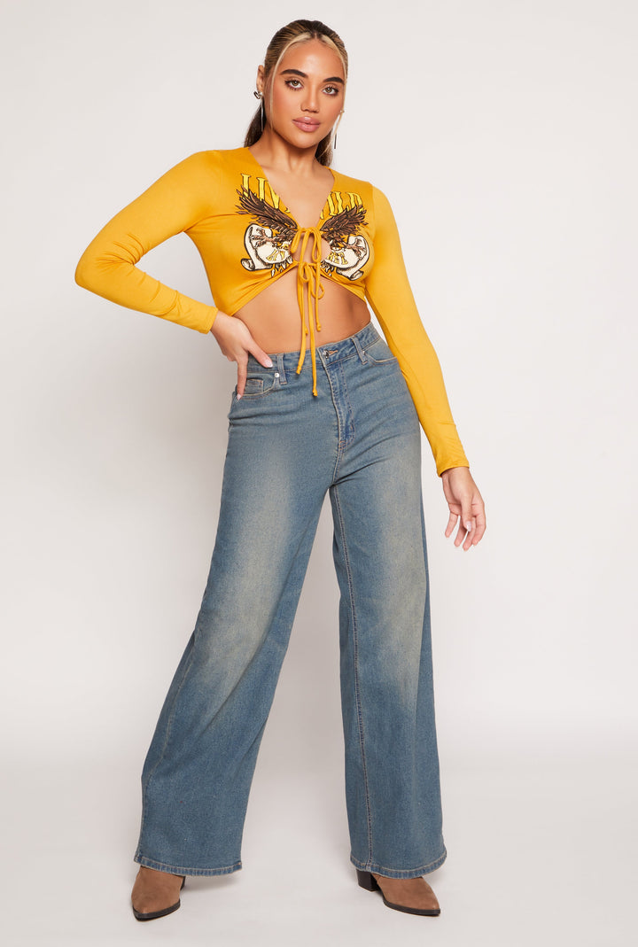 Graphic Double Tie Front Crop Top