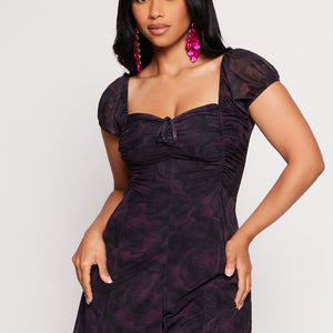 Mesh Floral Print Ruched Peasant Romper