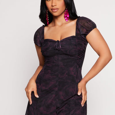 Mesh Floral Print Ruched Peasant Romper