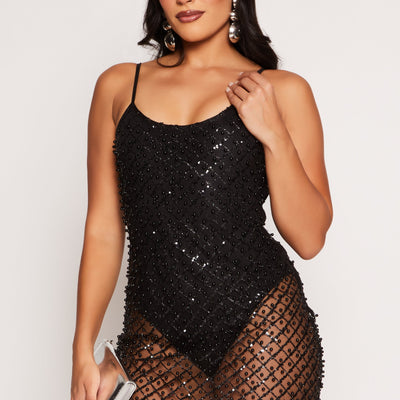 Mesh Lined Beaded Sequin Cami Dress
