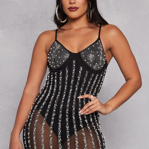 Mesh Rhinestone Faux Pearl Bustier Dress