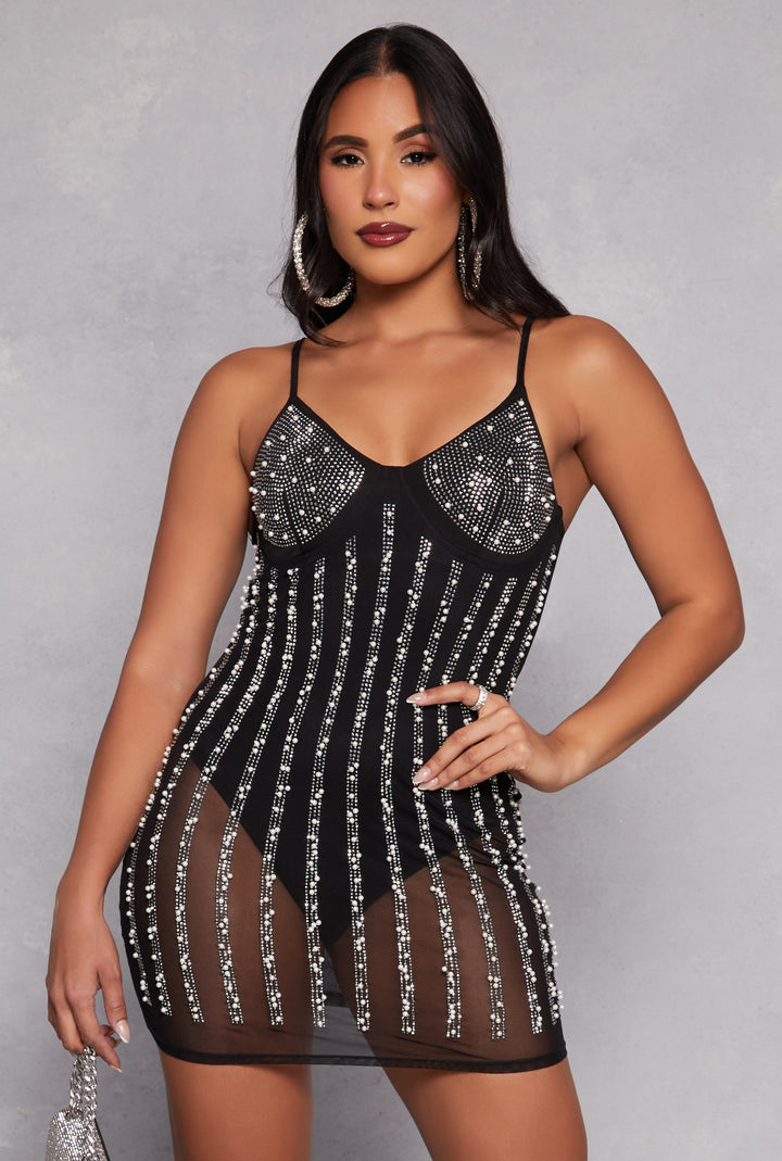 Mesh Rhinestone Faux Pearl Bustier Dress