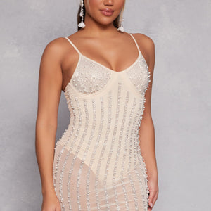 Mesh Rhinestone Faux Pearl Bustier Dress