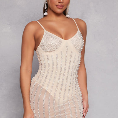 Mesh Rhinestone Faux Pearl Bustier Dress