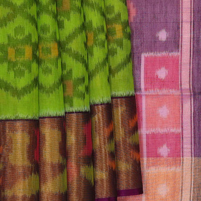 Ikat Silk Cotton Parrot Green Saree