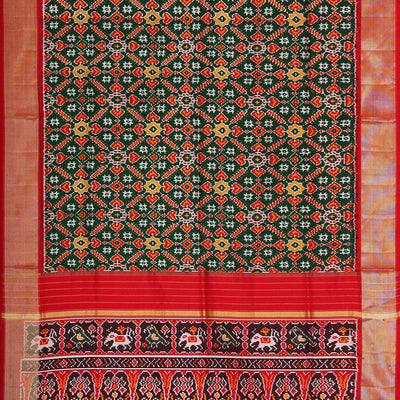 Ikat Silk Bottle Green Saree