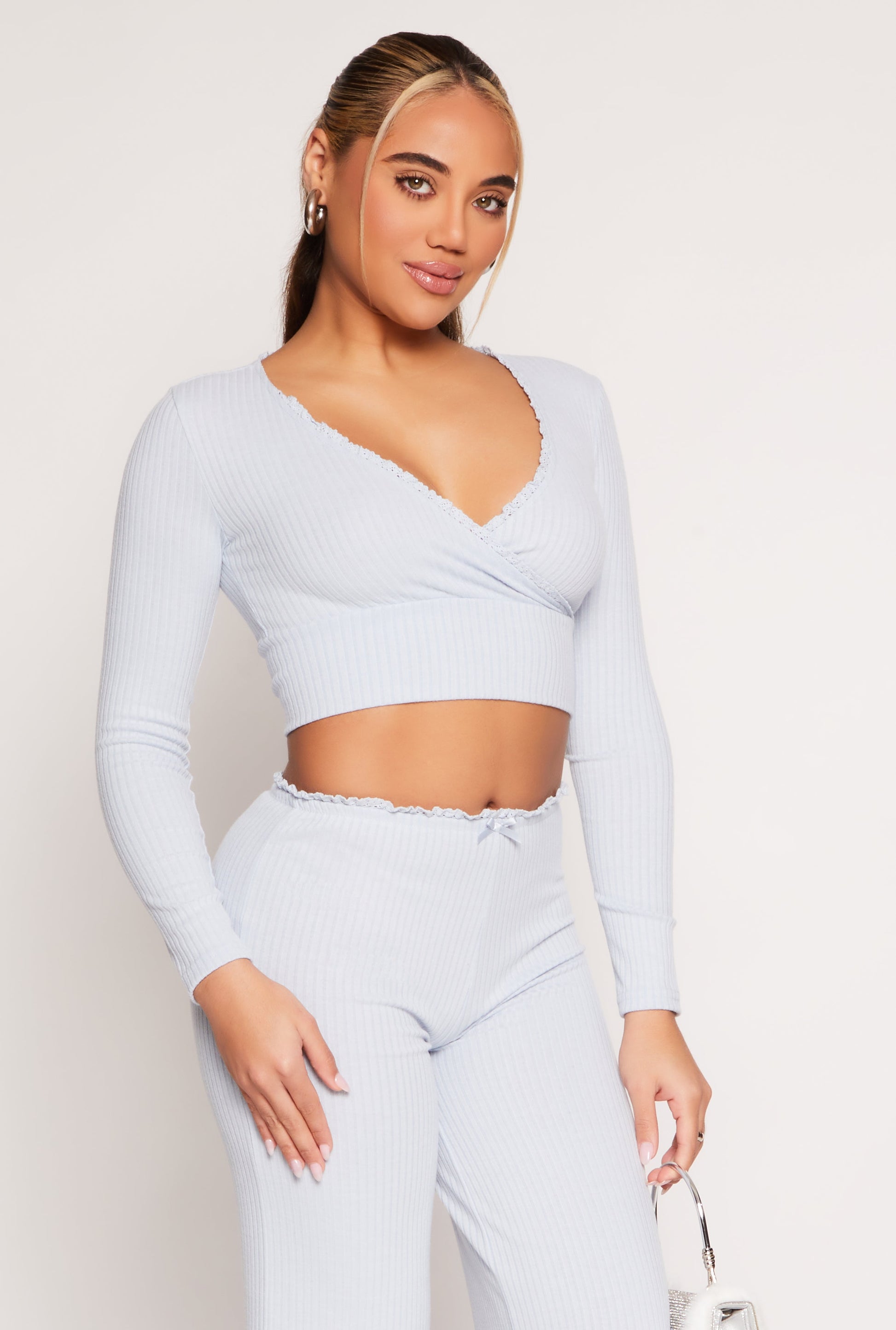 Almost Famous Lace Trim Faux Wrap Crop Top