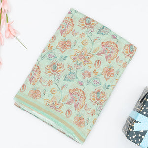 Turquoise Handwoven Linen Saree Printed With Floral Motifs