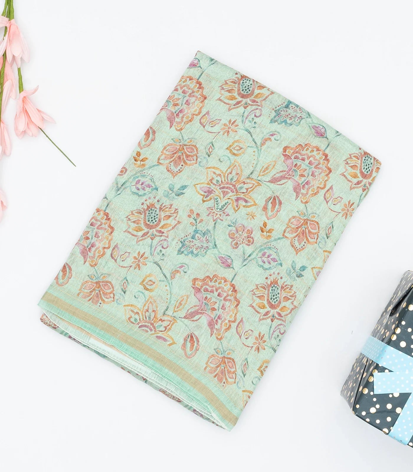 Turquoise Handwoven Linen Saree Printed With Floral Motifs