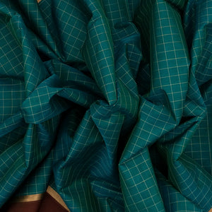 Cyan Handloom Silk Cotton Saree With Checks & Maroon Border