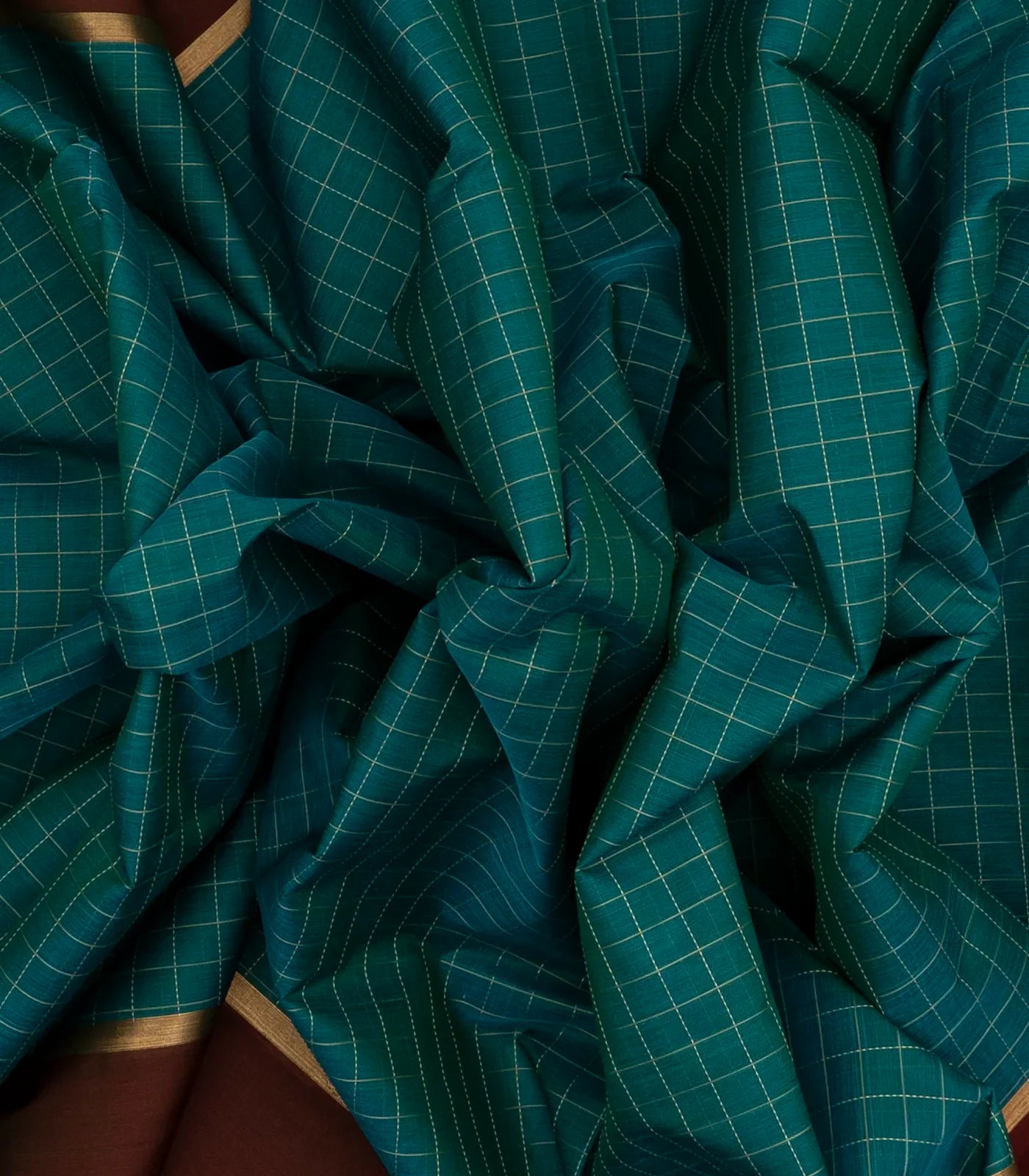 Cyan Handloom Silk Cotton Saree With Checks & Maroon Border