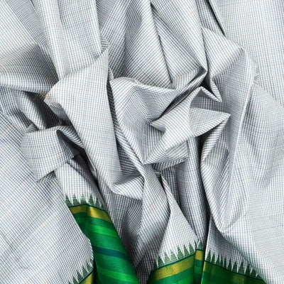Grey Handloom Korvai Kanchipuram Silk Saree With Checks