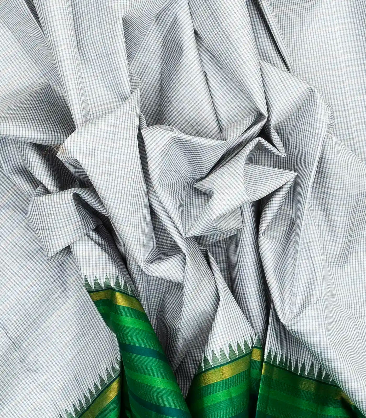 Grey Handloom Korvai Kanchipuram Silk Saree With Checks