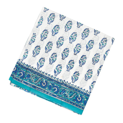 White Woven Jaipur Cotton Saree Printed With Blue Flower  Motifs