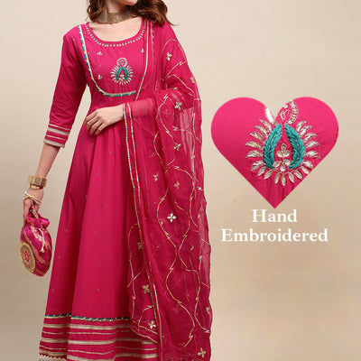 Ethnic Hand Embroidered Flared Kurta with Pants and Dupatta - Hot Pink