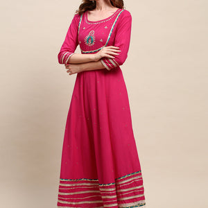 Ethnic Hand Embroidered Flared Kurta with Pants and Dupatta - Hot Pink