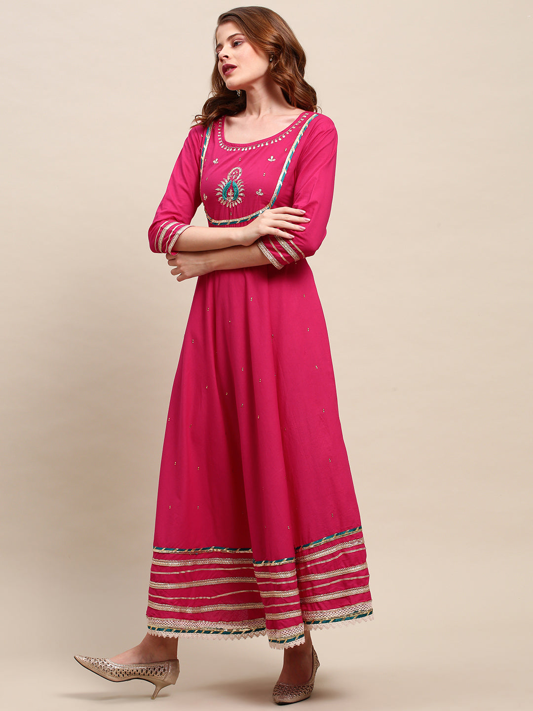 Ethnic Hand Embroidered Flared Kurta with Pants and Dupatta - Hot Pink