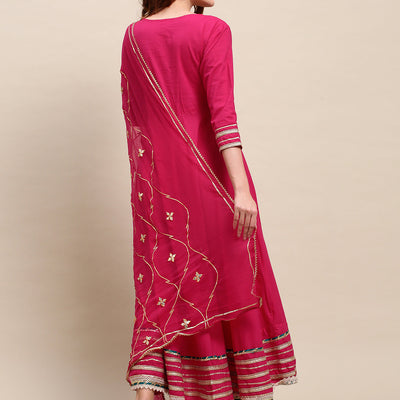 Ethnic Hand Embroidered Flared Kurta with Pants and Dupatta - Hot Pink