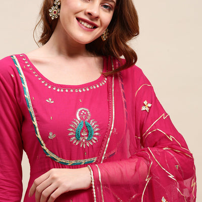 Ethnic Hand Embroidered Flared Kurta with Pants and Dupatta - Hot Pink