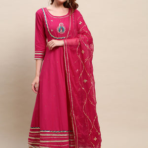 Ethnic Hand Embroidered Flared Kurta with Pants and Dupatta - Hot Pink