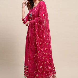 Ethnic Hand Embroidered Flared Kurta with Pants and Dupatta - Hot Pink