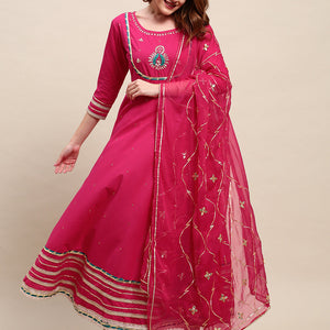 Ethnic Hand Embroidered Flared Kurta with Pants and Dupatta - Hot Pink