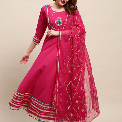 Ethnic Hand Embroidered Flared Kurta with Pants and Dupatta - Hot Pink