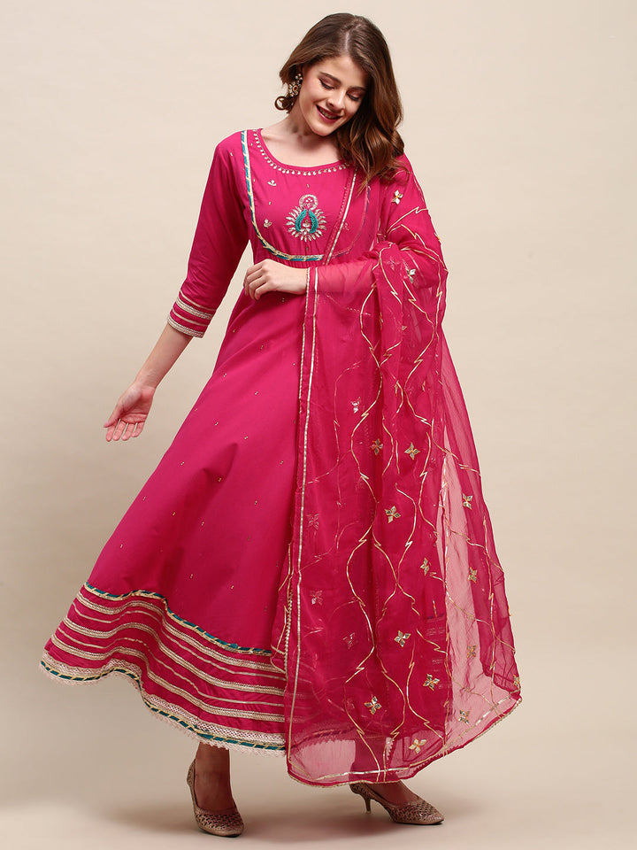 Ethnic Hand Embroidered Flared Kurta with Pants and Dupatta - Hot Pink