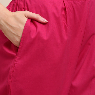 Ethnic Hand Embroidered Flared Kurta with Pants and Dupatta - Hot Pink