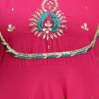 Ethnic Hand Embroidered Flared Kurta with Pants and Dupatta - Hot Pink