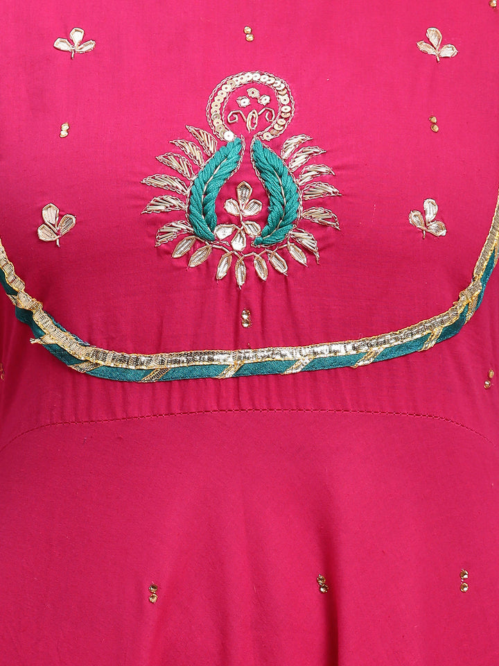 Ethnic Hand Embroidered Flared Kurta with Pants and Dupatta - Hot Pink